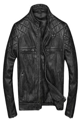 Men's black quilted shoulder rub off genuine leather jacket 1
