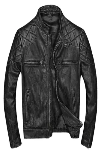 Men's black quilted shoulder rub off genuine leather jacket