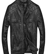 Men's black quilted shoulder rub off genuine leather jacket