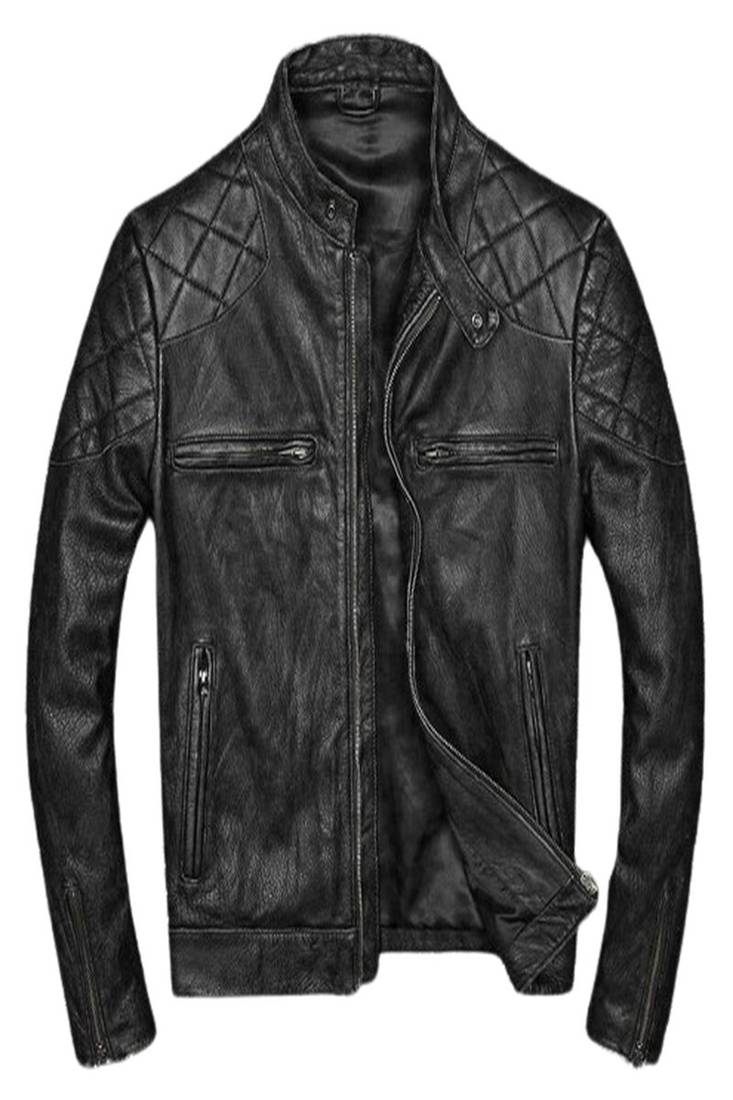 Men's black quilted shoulder rub off genuine leather jacket
