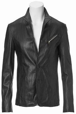 Biker style black crunch lambskin leather jacket long neck button 1