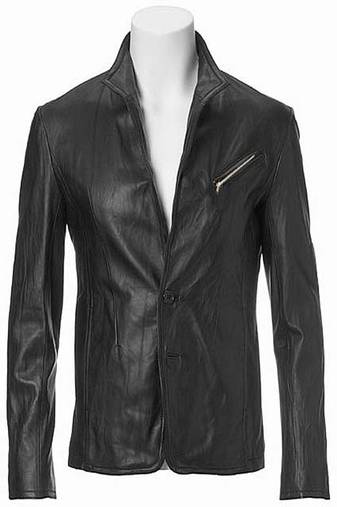 Biker style black crunch lambskin leather jacket long neck button
