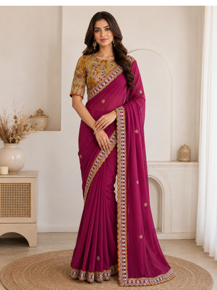 rani pink embroidery with sequins silk saree 1