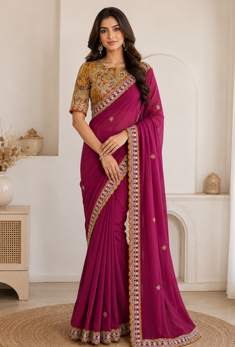 rani pink embroidery with sequins silk saree