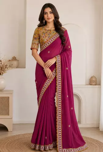 rani pink embroidery with sequins silk saree