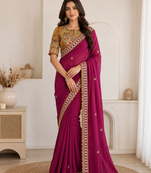 rani pink embroidery with sequins silk saree