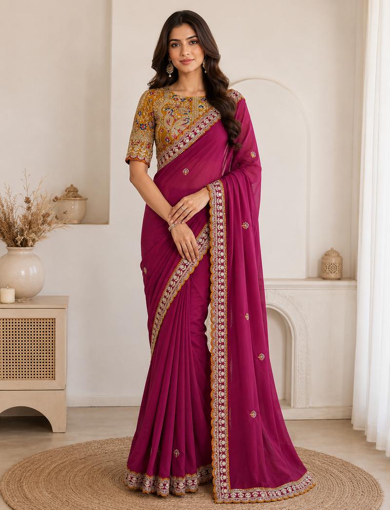 rani pink embroidery with sequins silk saree
