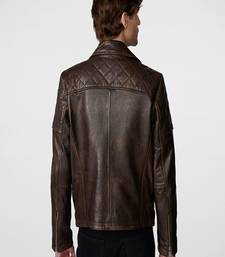 Men's brown patchwork lambskin leather jacket-spread collar style fastion