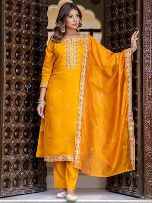 mustard fancy silk blend kurta set 2