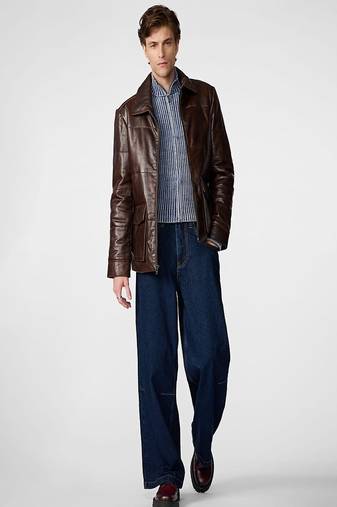 Men's brown patchwork lambskin leather jacket-spread collar style fastion