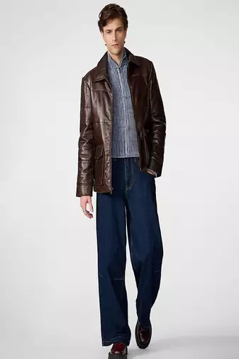 Men's brown patchwork lambskin leather jacket-spread collar style fastion