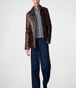 Men's brown patchwork lambskin leather jacket-spread collar style fastion