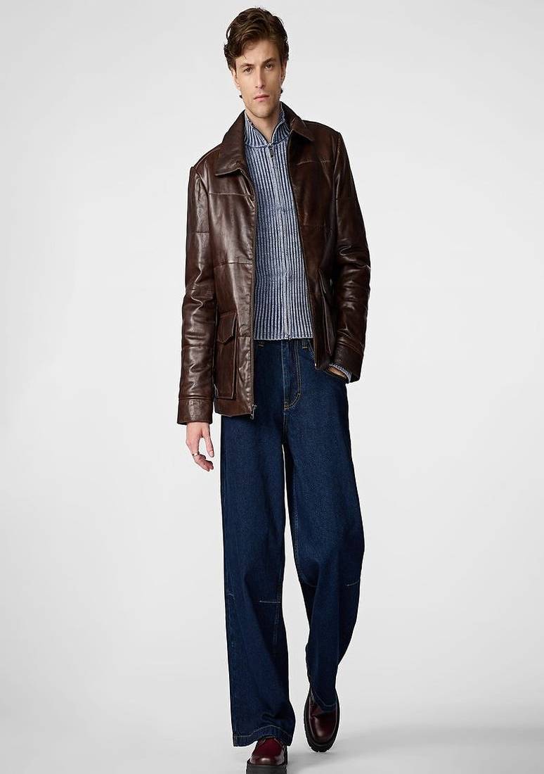 Men's brown patchwork lambskin leather jacket-spread collar style fastion