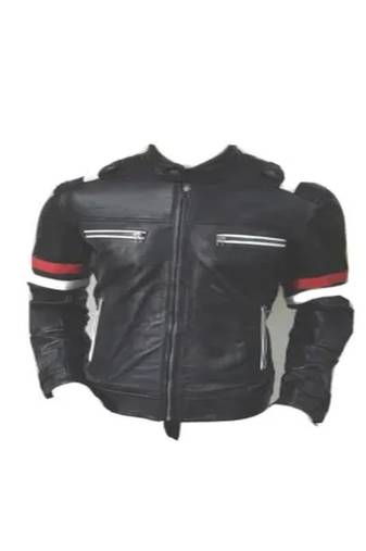 Men's black with red white stripes lambskin leather jacket