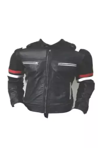 Men's black with red white stripes lambskin leather jacket
