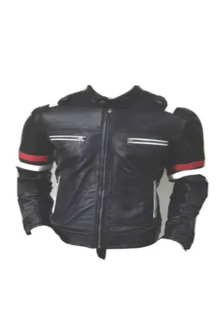 Men's black with red white stripes lambskin leather jacket