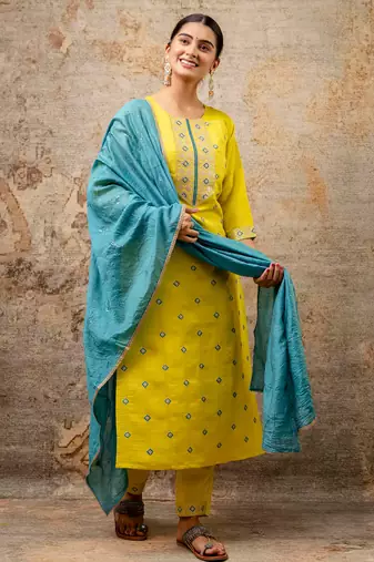 yellow fancy silk blend kurta set