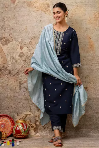 blue fancy silk blend kurta set