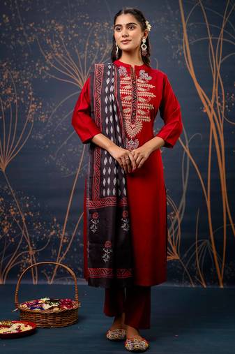 maroon fancy cotton silk kurta set