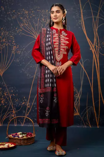 maroon fancy cotton silk kurta set