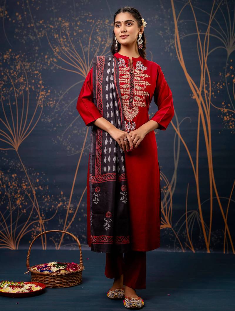 maroon fancy cotton silk kurta set