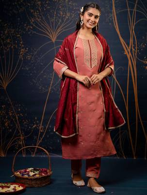 peach fancy silk blend kurta set 1