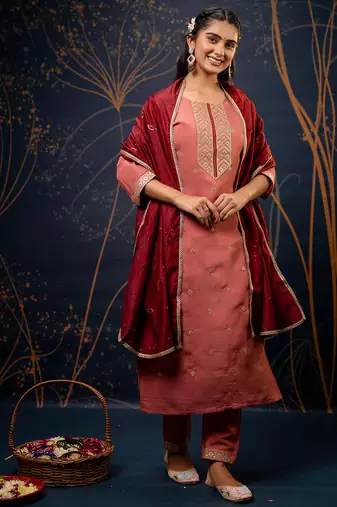 peach fancy silk blend kurta set