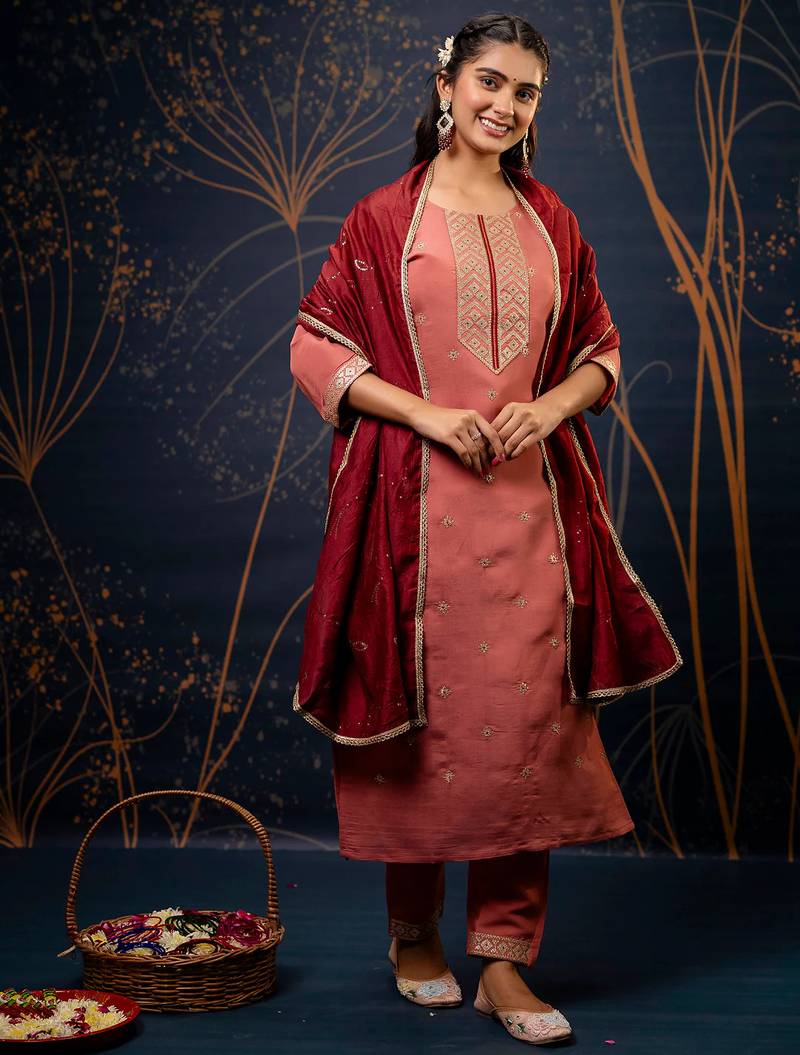 peach fancy silk blend kurta set