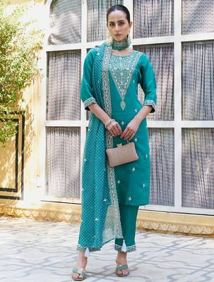 blue fancy silk blend kurta set 1