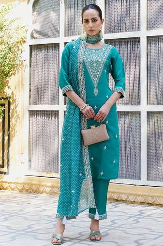 blue fancy silk blend kurta set