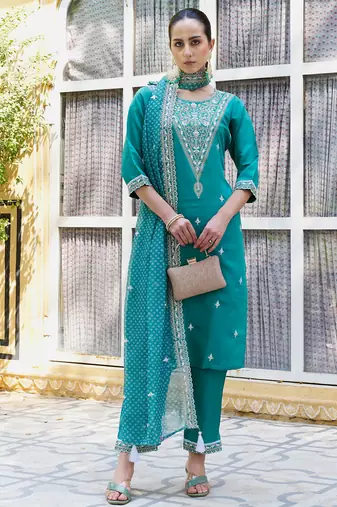 blue fancy silk blend kurta set