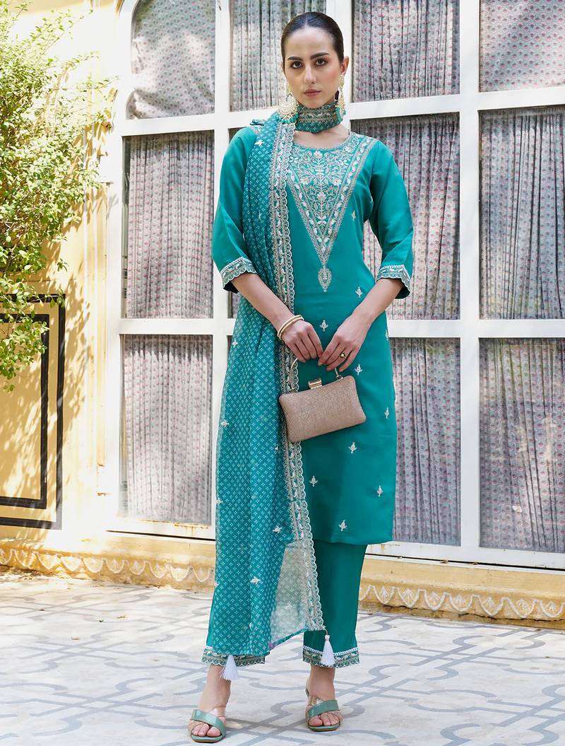 blue fancy silk blend kurta set