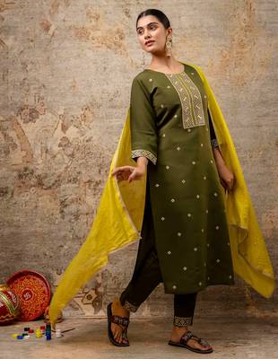 olive fancy silk blend kurta set 2