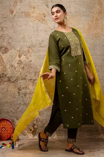 olive fancy silk blend kurta set