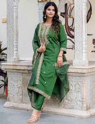 green fancy silk blend kurta set 3