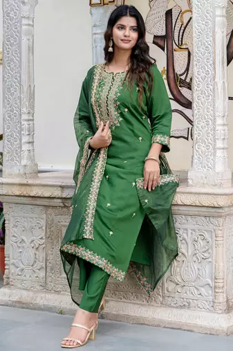 green fancy silk blend kurta set