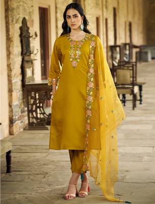 mustard fancy pure silk blend kurta set 1