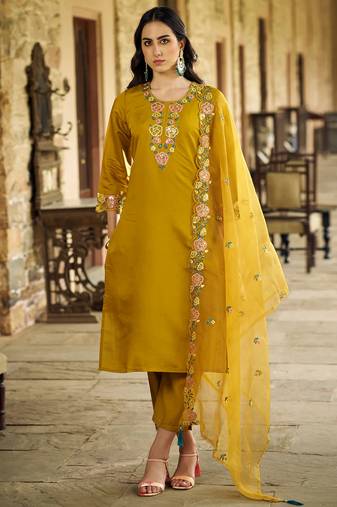 mustard fancy pure silk blend kurta set