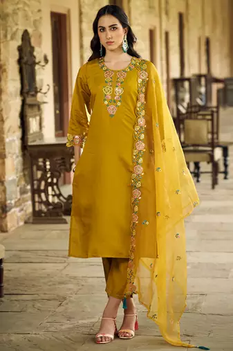mustard fancy pure silk blend kurta set