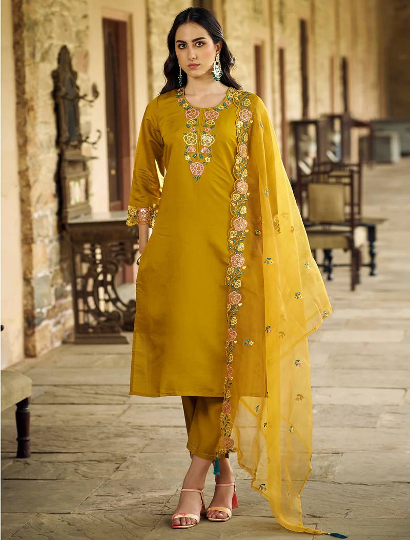 mustard fancy pure silk blend kurta set