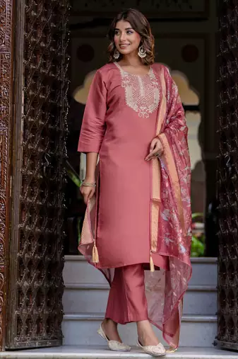 coral fancy silk blend kurta set