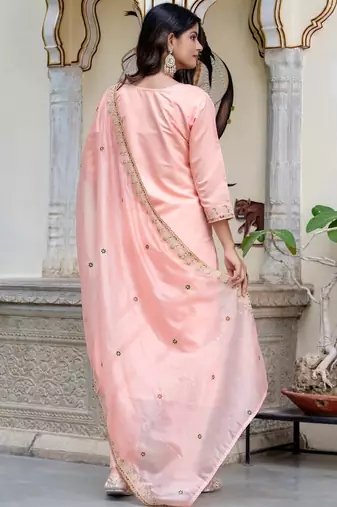 peach fancy silk blend kurta set