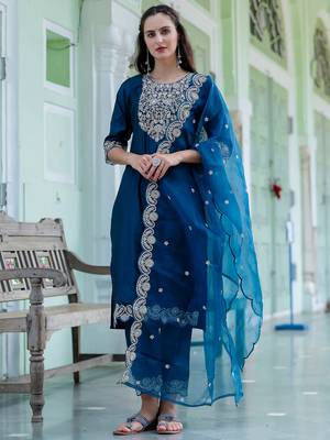 teal fancy silk blend kurta set 1