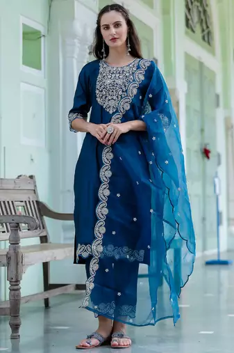 teal fancy silk blend kurta set