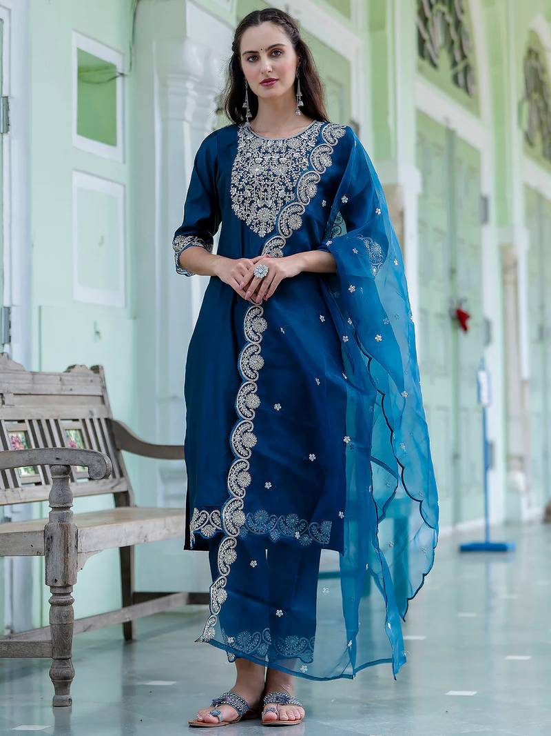 teal fancy silk blend kurta set
