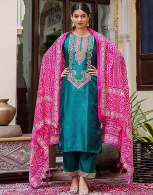 royal-blue fancy silk blend kurta set 1