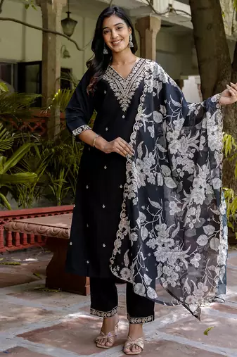 black fancy viscose rayon kurta set
