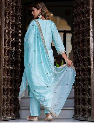 sky-blue fancy silk blend kurta set 4