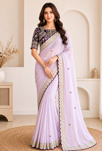 lavender embroidery with sequins silk saree