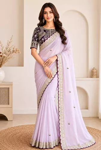 lavender embroidery with sequins silk saree